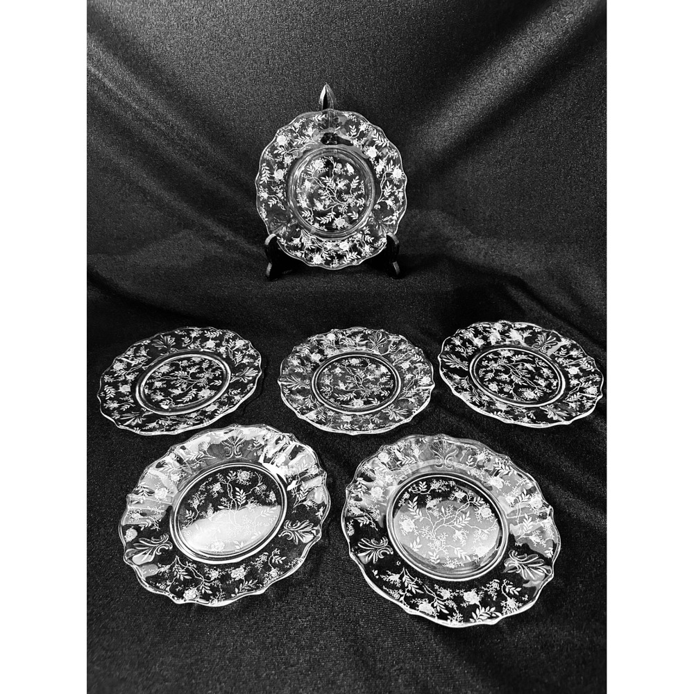 Fostoria Chintz Baroque Etched Crystal Dinner Plates 7.5" Set of 6 Clear Glass‎